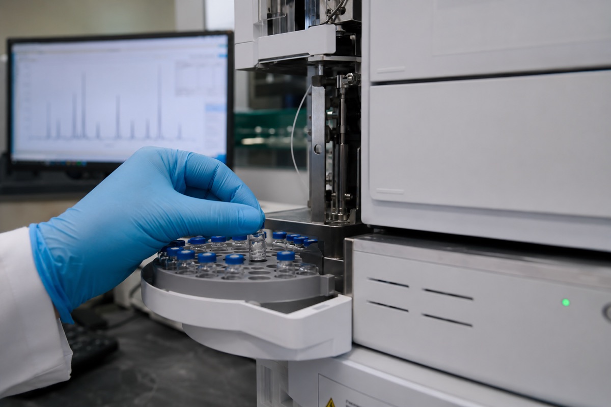 Analytical laboratory instrumentation running an identity and purity analysis on a research peptide batch.